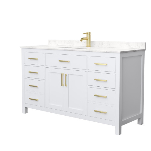 Wyndham WCG242460SWGCCUNSMXX Beckett 60 Inch Single Bathroom Vanity in White, Carrara Cultured Marble Countertop, Undermount Square Sink, Brushed Gold Trim