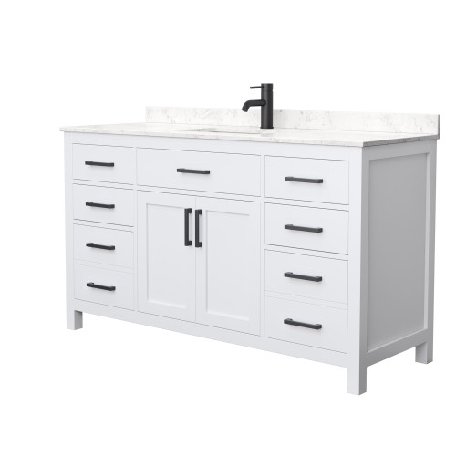 Wyndham WCG242460SWBCCUNSMXX Beckett 60 Inch Single Bathroom Vanity in White, Carrara Cultured Marble Countertop, Undermount Square Sink, Matte Black Trim