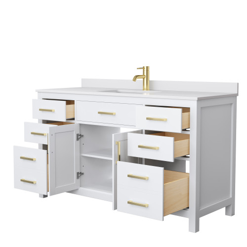 Wyndham WCG242460SWGWCUNSMXX Beckett 60 Inch Single Bathroom Vanity in White, White Cultured Marble Countertop, Undermount Square Sink, Brushed Gold Trim