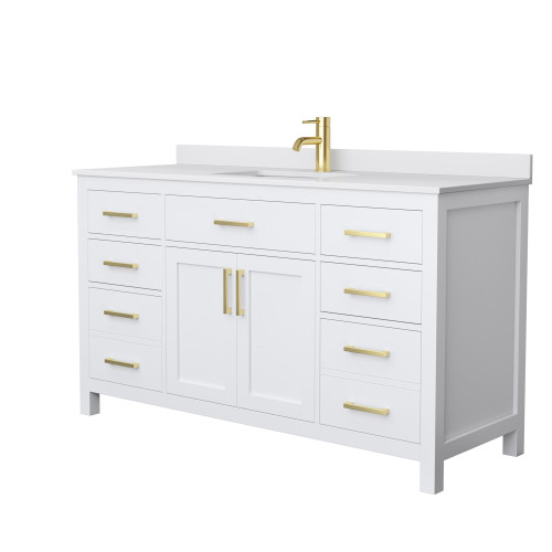 Wyndham WCG242460SWGWCUNSMXX Beckett 60 Inch Single Bathroom Vanity in White, White Cultured Marble Countertop, Undermount Square Sink, Brushed Gold Trim