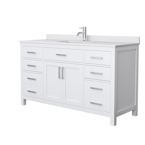 Wyndham WCG242460SWHWCUNSMXX Beckett 60 Inch Single Bathroom Vanity in White, White Cultured Marble Countertop, Undermount Square Sink, No Mirror