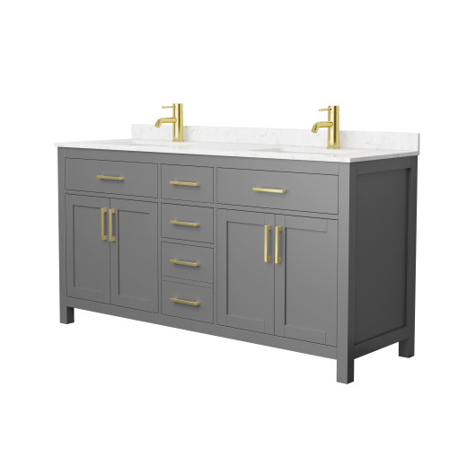 Wyndham WCG242466DGGCCUNSMXX Beckett 66 Inch Double Bathroom Vanity in Dark Gray, Carrara Cultured Marble Countertop, Undermount Square Sinks, Brushed Gold Trim