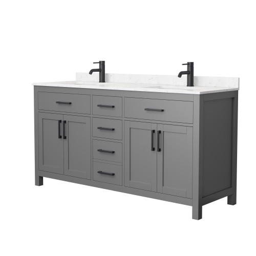Wyndham WCG242466DGBCCUNSMXX Beckett 66 Inch Double Bathroom Vanity in Dark Gray, Carrara Cultured Marble Countertop, Undermount Square Sinks, Matte Black Trim