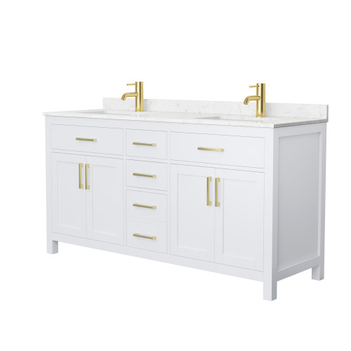Wyndham WCG242466DWGCCUNSMXX Beckett 66 Inch Double Bathroom Vanity in White, Carrara Cultured Marble Countertop, Undermount Square Sinks, Brushed Gold Trim