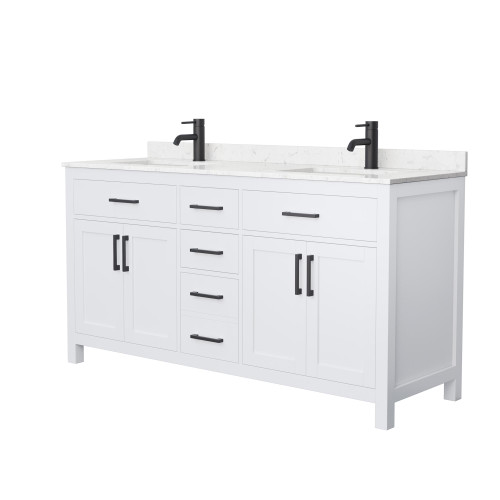 Wyndham WCG242466DWBCCUNSMXX Beckett 66 Inch Double Bathroom Vanity in White, Carrara Cultured Marble Countertop, Undermount Square Sinks, Matte Black Trim