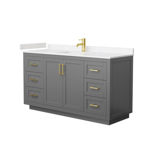 Wyndham WCF292960SGGC2UNSMXX Miranda 60 Inch Single Bathroom Vanity in Dark Gray, Light-Vein Carrara Cultured Marble Countertop, Undermount Square Sink, Brushed Gold Trim