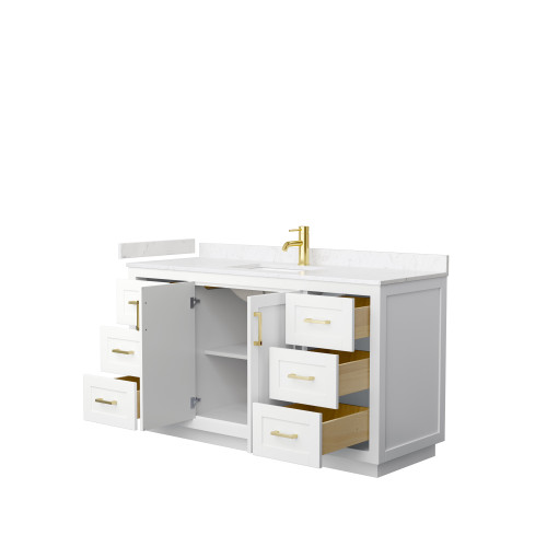 Wyndham WCF292960SWGC2UNSMXX Miranda 60 Inch Single Bathroom Vanity in White, Light-Vein Carrara Cultured Marble Countertop, Undermount Square Sink, Brushed Gold Trim