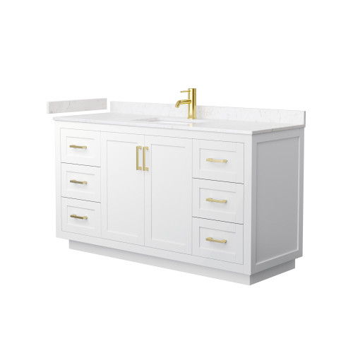 Wyndham WCF292960SWGC2UNSMXX Miranda 60 Inch Single Bathroom Vanity in White, Light-Vein Carrara Cultured Marble Countertop, Undermount Square Sink, Brushed Gold Trim