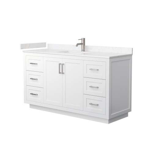 Wyndham WCF292960SWHC2UNSMXX Miranda 60 Inch Single Bathroom Vanity in White, Light-Vein Carrara Cultured Marble Countertop, Undermount Square Sink, Brushed Nickel Trim