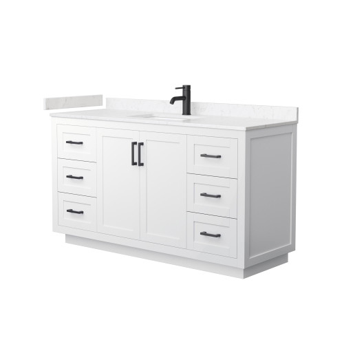 Wyndham WCF292960SWBC2UNSMXX Miranda 60 Inch Single Bathroom Vanity in White, Light-Vein Carrara Cultured Marble Countertop, Undermount Square Sink, Matte Black Trim