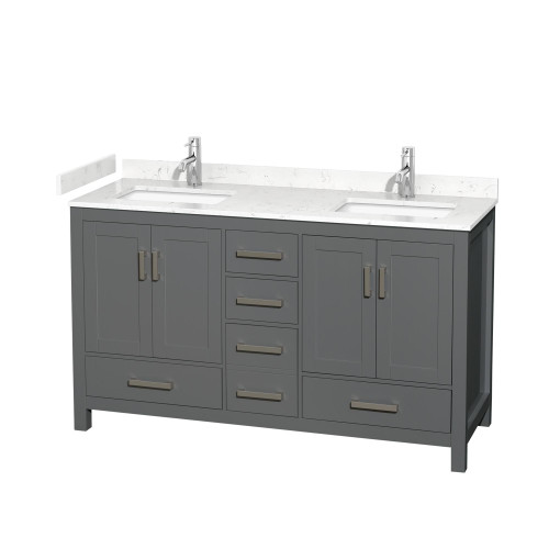 Wyndham WCS141460DKGC2UNSMXX Sheffield 60 Inch Double Bathroom Vanity in Dark Gray, Carrara Cultured Marble Countertop, Undermount Square Sinks, No Mirror