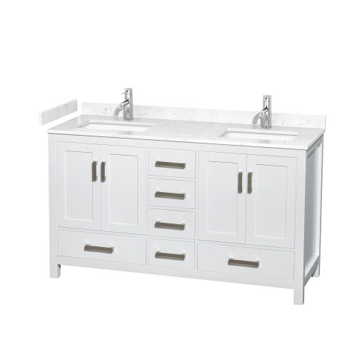 Wyndham WCS141460DWHC2UNSMXX Sheffield 60 Inch Double Bathroom Vanity in White, Carrara Cultured Marble Countertop, Undermount Square Sinks, No Mirror