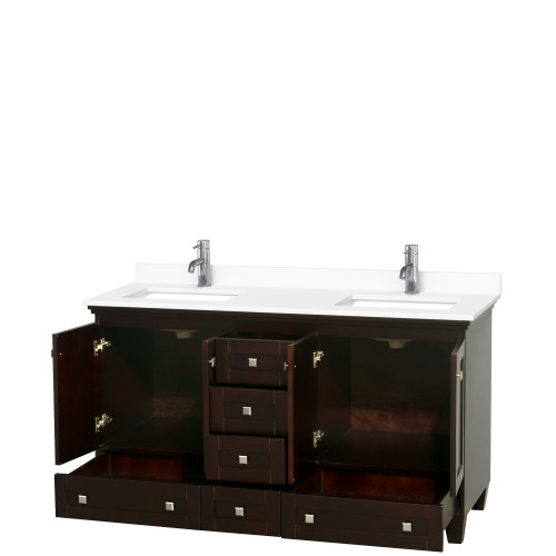 Wyndham WCV800060DESWCUNSMXX Acclaim 60 Inch Double Bathroom Vanity in Espresso, White Cultured Marble Countertop, Undermount Square Sinks, No Mirrors