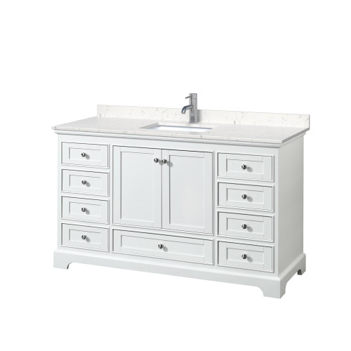 Wyndham WCS202060SWHC2UNSMXX Deborah 60 Inch Single Bathroom Vanity in White, Light-Vein Carrara Cultured Marble Countertop, Undermount Square Sink, No Mirror