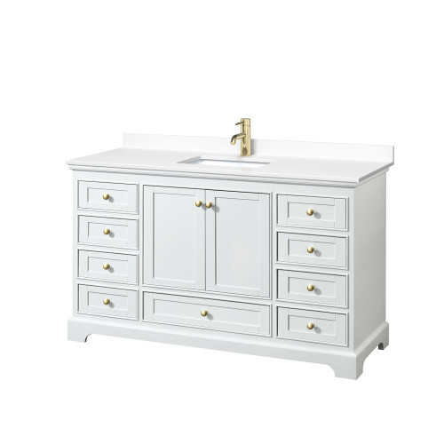 Wyndham WCS202060SWGWCUNSMXX Deborah 60 Inch Single Bathroom Vanity in White, White Cultured Marble Countertop, Undermount Square Sink, Brushed Gold Trim, No Mirror