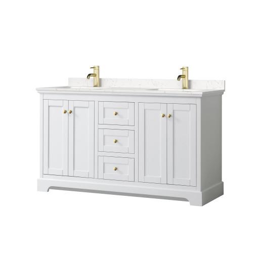 Wyndham WCV232360DWGC2UNSMXX Avery 60 Inch Double Bathroom Vanity in White, Light-Vein Carrara Cultured Marble Countertop, Undermount Square Sinks, Brushed Gold Trim