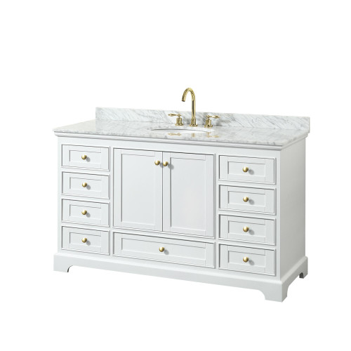 Wyndham WCS202060SWGCMUNOMXX Deborah 60 Inch Single Bathroom Vanity in White, White Carrara Marble Countertop, Undermount Oval Sink, Brushed Gold Trim, No Mirror