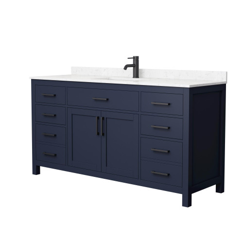 Wyndham WCG242466SBBCCUNSMXX Beckett 66 Inch Single Bathroom Vanity in Dark Blue, Carrara Cultured Marble Countertop, Undermount Square Sink, Matte Black Trim