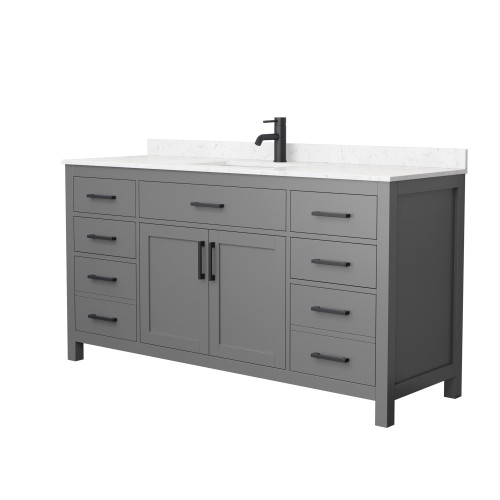 Wyndham WCG242466SGBCCUNSMXX Beckett 66 Inch Single Bathroom Vanity in Dark Gray, Carrara Cultured Marble Countertop, Undermount Square Sink, Matte Black Trim