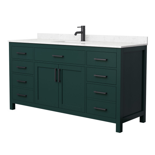 Wyndham WCG242466SGKCCUNSMXX Beckett 66 Inch Single Bathroom Vanity in Green, Carrara Cultured Marble Countertop, Undermount Square Sink, Matte Black Trim