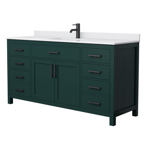 Wyndham WCG242466SGKWCUNSMXX Beckett 66 Inch Single Bathroom Vanity in Green, White Cultured Marble Countertop, Undermount Square Sink, Matte Black Trim