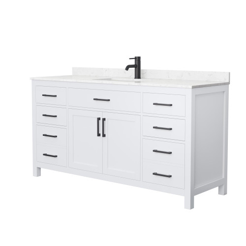 Wyndham WCG242466SWBCCUNSMXX Beckett 66 Inch Single Bathroom Vanity in White, Carrara Cultured Marble Countertop, Undermount Square Sink, Matte Black Trim