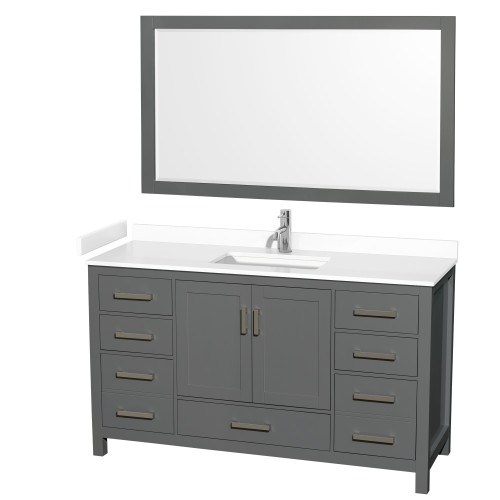 Wyndham WCS141460SKGWCUNSM58 Sheffield 60 Inch Single Bathroom Vanity in Dark Gray, White Cultured Marble Countertop, Undermount Square Sink, 58 Inch Mirror
