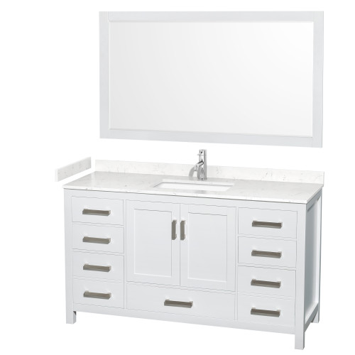 Wyndham WCS141460SWHC2UNSM58 Sheffield 60 Inch Single Bathroom Vanity in White, Carrara Cultured Marble Countertop, Undermount Square Sink, 58 Inch Mirror