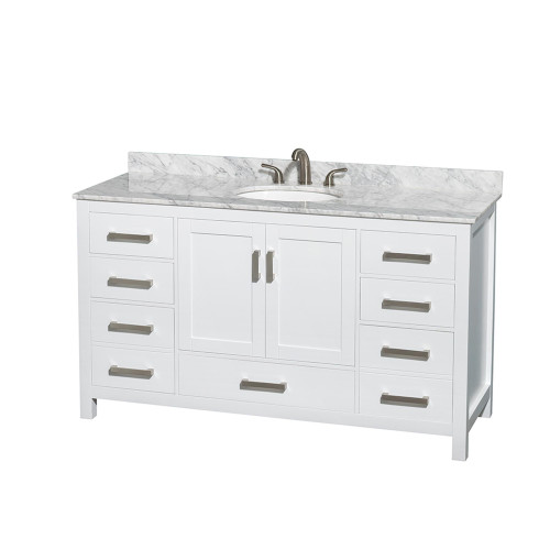 Wyndham WCS141460SWHCMUNOMXX Sheffield 60 Inch Single Bathroom Vanity in White, White Carrara Marble Countertop, Undermount Oval Sink, and No Mirror