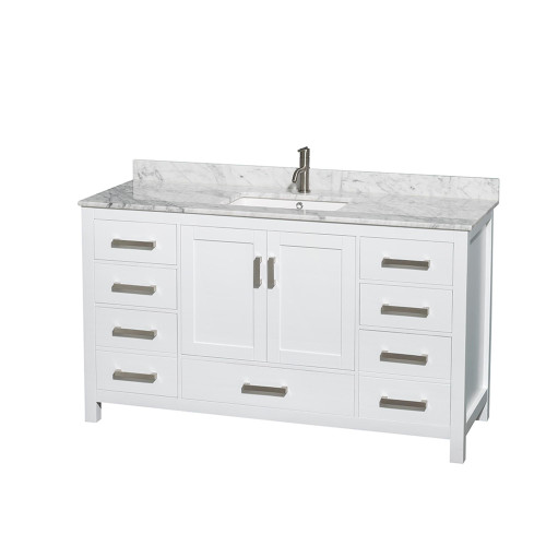 Wyndham WCS141460SWHCMUNSMXX Sheffield 60 Inch Single Bathroom Vanity in White, White Carrara Marble Countertop, Undermount Square Sink, and No Mirror