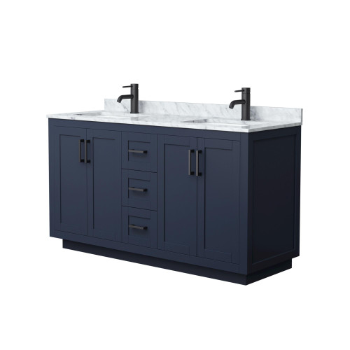 Wyndham WCF292960DBBCMUNSMXX Miranda 60 Inch Double Bathroom Vanity in Dark Blue, White Carrara Marble Countertop, Undermount Square Sinks, Matte Black Trim