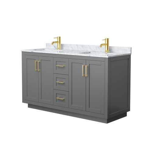 Wyndham WCF292960DGGCMUNSMXX Miranda 60 Inch Double Bathroom Vanity in Dark Gray, White Carrara Marble Countertop, Undermount Square Sinks, Brushed Gold Trim