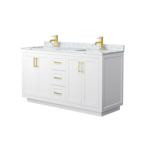 Wyndham WCF292960DWGCMUNSMXX Miranda 60 Inch Double Bathroom Vanity in White, White Carrara Marble Countertop, Undermount Square Sinks, Brushed Gold Trim