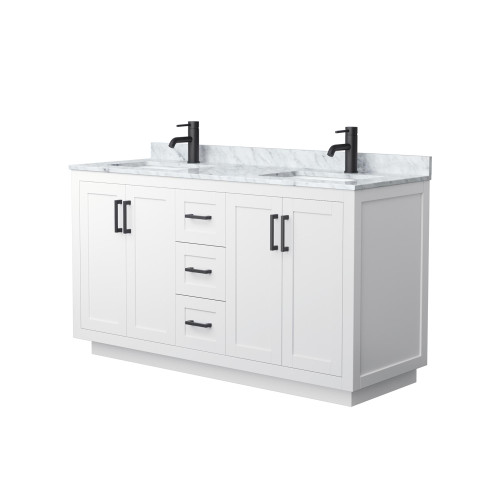 Wyndham WCF292960DWBCMUNSMXX Miranda 60 Inch Double Bathroom Vanity in White, White Carrara Marble Countertop, Undermount Square Sinks, Matte Black Trim