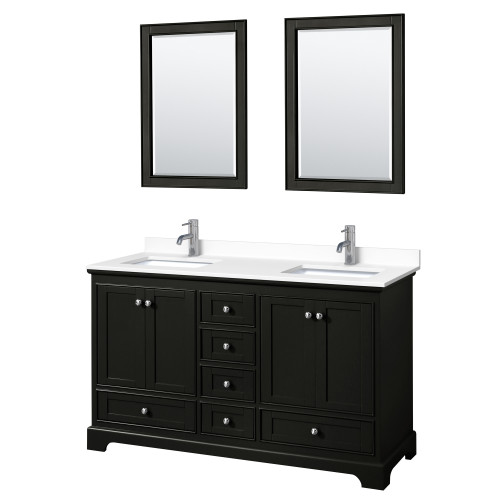 Wyndham WCS202060DDEWCUNSM24 Deborah 60 Inch Double Bathroom Vanity in Dark Espresso, White Cultured Marble Countertop, Undermount Square Sinks, 24 Inch Mirrors