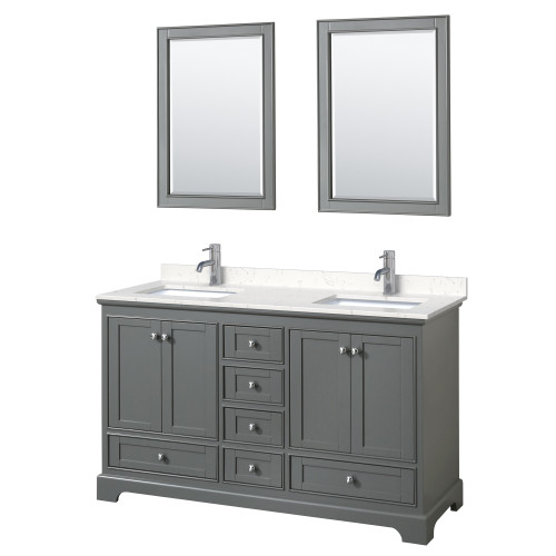 Wyndham WCS202060DKGC2UNSM24 Deborah 60 Inch Double Bathroom Vanity in Dark Gray, Light-Vein Carrara Cultured Marble Countertop, Undermount Square Sinks, 24 Inch Mirrors