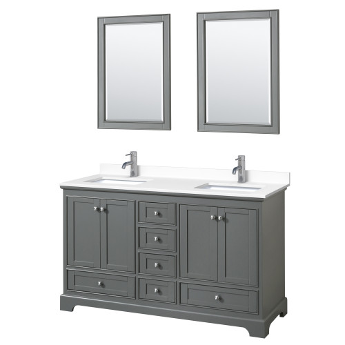 Wyndham WCS202060DKGWCUNSM24 Deborah 60 Inch Double Bathroom Vanity in Dark Gray, White Cultured Marble Countertop, Undermount Square Sinks, 24 Inch Mirrors