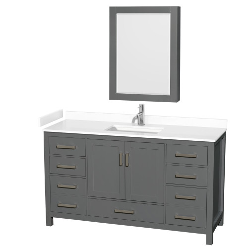 Wyndham WCS141460SKGWCUNSMED Sheffield 60 Inch Single Bathroom Vanity in Dark Gray, White Cultured Marble Countertop, Undermount Square Sink, Medicine Cabinet