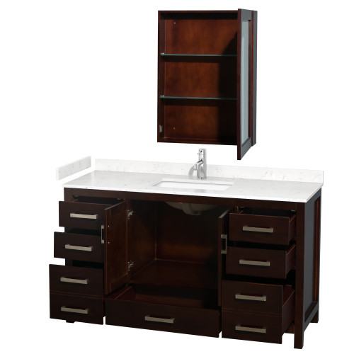 Wyndham WCS141460SESC2UNSMED Sheffield 60 Inch Single Bathroom Vanity in Espresso, Carrara Cultured Marble Countertop, Undermount Square Sink, Medicine Cabinet