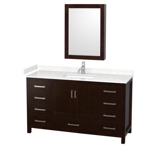 Wyndham WCS141460SESC2UNSMED Sheffield 60 Inch Single Bathroom Vanity in Espresso, Carrara Cultured Marble Countertop, Undermount Square Sink, Medicine Cabinet