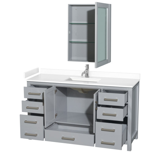 Wyndham WCS141460SGYWCUNSMED Sheffield 60 Inch Single Bathroom Vanity in Gray, White Cultured Marble Countertop, Undermount Square Sink, Medicine Cabinet