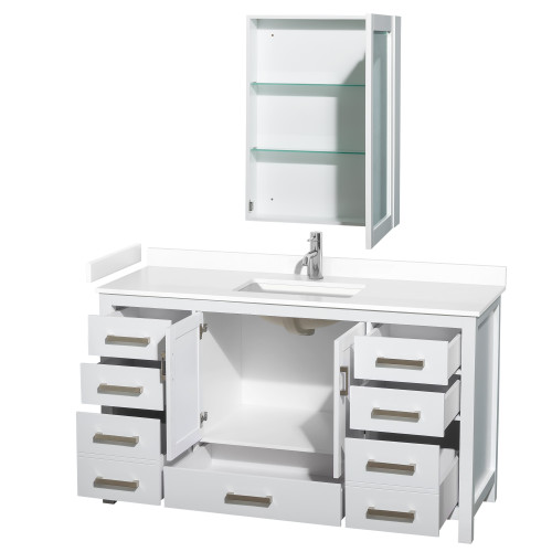 Wyndham WCS141460SWHWCUNSMED Sheffield 60 Inch Single Bathroom Vanity in White, White Cultured Marble Countertop, Undermount Square Sink, Medicine Cabinet