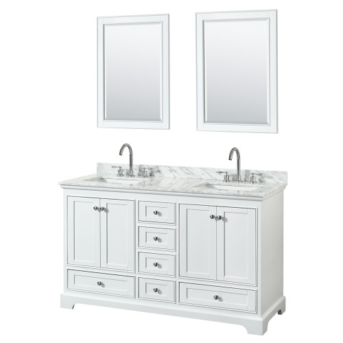 Wyndham WCS202060DWHCMUNSM24 Deborah 60 Inch Double Bathroom Vanity in White, White Carrara Marble Countertop, Undermount Square Sinks, and 24 Inch Mirrors