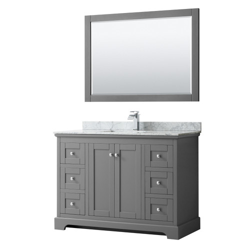Wyndham WCV232348SKGCMUNSM46 Avery 48 Inch Single Bathroom Vanity in Dark Gray, White Carrara Marble Countertop, Undermount Square Sink, and 46 Inch Mirror