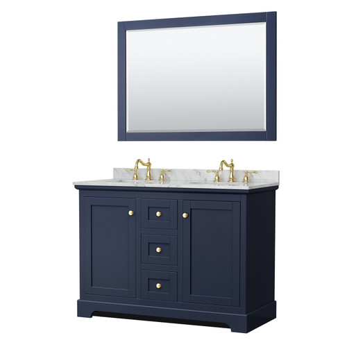 Wyndham WCV232348DBLCMUNOM46 Avery 48 Inch Double Bathroom Vanity in Dark Blue, White Carrara Marble Countertop, Undermount Oval Sinks, 46 Inch Mirror