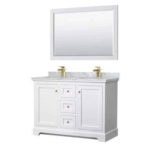 Wyndham WCV232348DWGCMUNSM46 Avery 48 Inch Double Bathroom Vanity in White, White Carrara Marble Countertop, Undermount Square Sinks, 46 Inch Mirror, Brushed Gold Trim