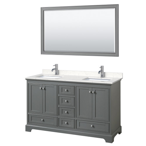 Wyndham WCS202060DKGC2UNSM58 Deborah 60 Inch Double Bathroom Vanity in Dark Gray, Light-Vein Carrara Cultured Marble Countertop, Undermount Square Sinks, 58 Inch Mirror