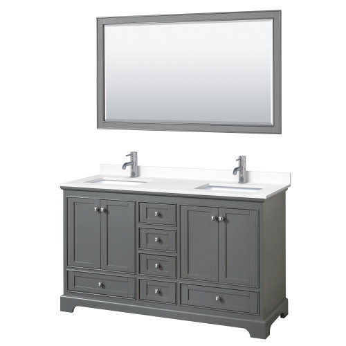 Wyndham WCS202060DKGWCUNSM58 Deborah 60 Inch Double Bathroom Vanity in Dark Gray, White Cultured Marble Countertop, Undermount Square Sinks, 58 Inch Mirror