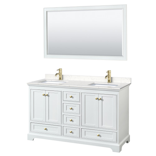 Wyndham WCS202060DWGC2UNSM58 Deborah 60 Inch Double Bathroom Vanity in White, Carrara Cultured Marble Countertop, Undermount Square Sinks, Brushed Gold Trim, 58 Inch Mirror