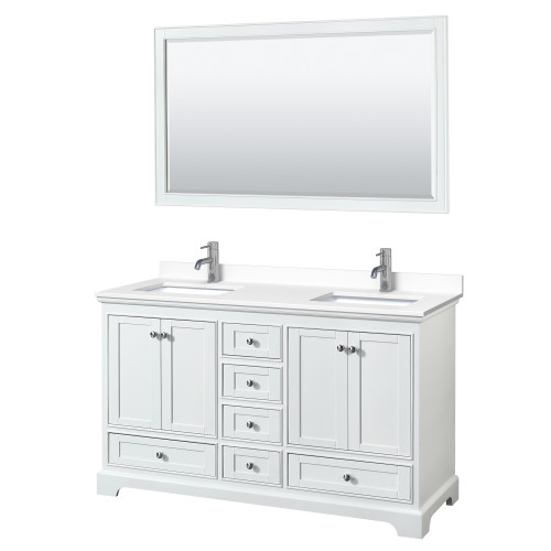 Wyndham WCS202060DWHWCUNSM58 Deborah 60 Inch Double Bathroom Vanity in White, White Cultured Marble Countertop, Undermount Square Sinks, 58 Inch Mirror